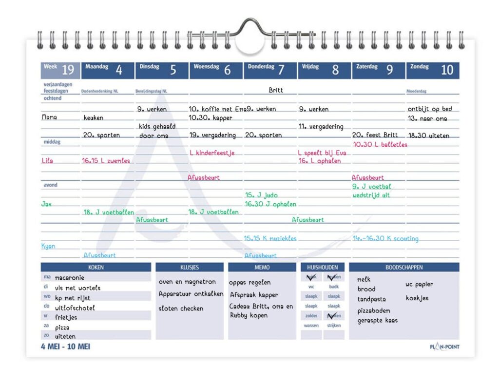 De dagdelen zijn ook te vervangen in namen van je gezin/huisgenoten.